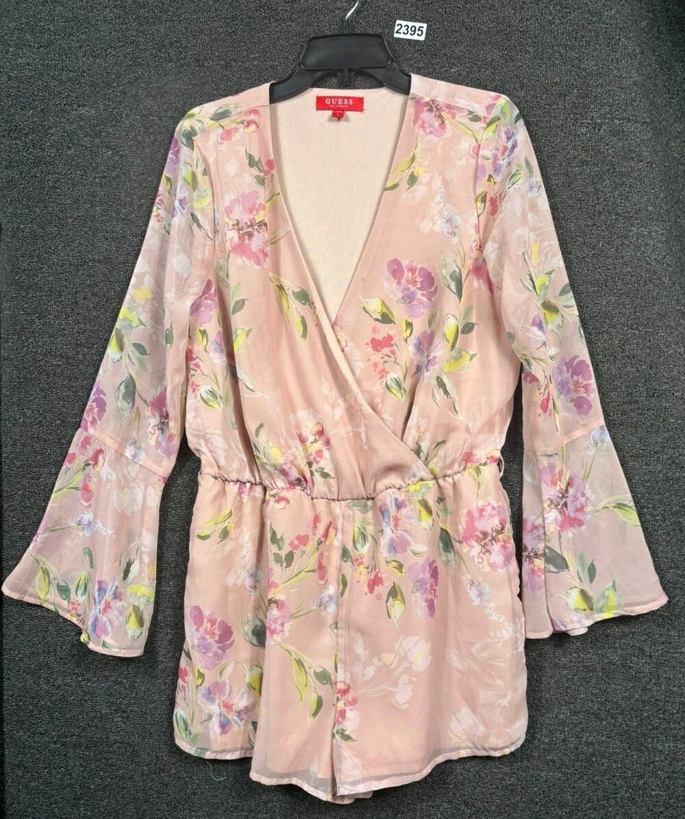 Guess Floral Wrap Darla Romper Womens Size L Pink Bell Sleeves V-Neck *NO BELT